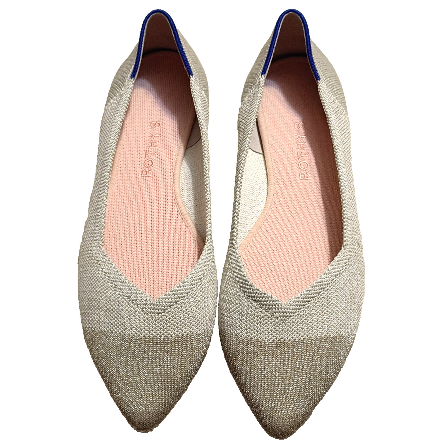Rothy’s The Point Sz 10 Diamond Metallic Beige Silver Gold Pointed Ballet Flats