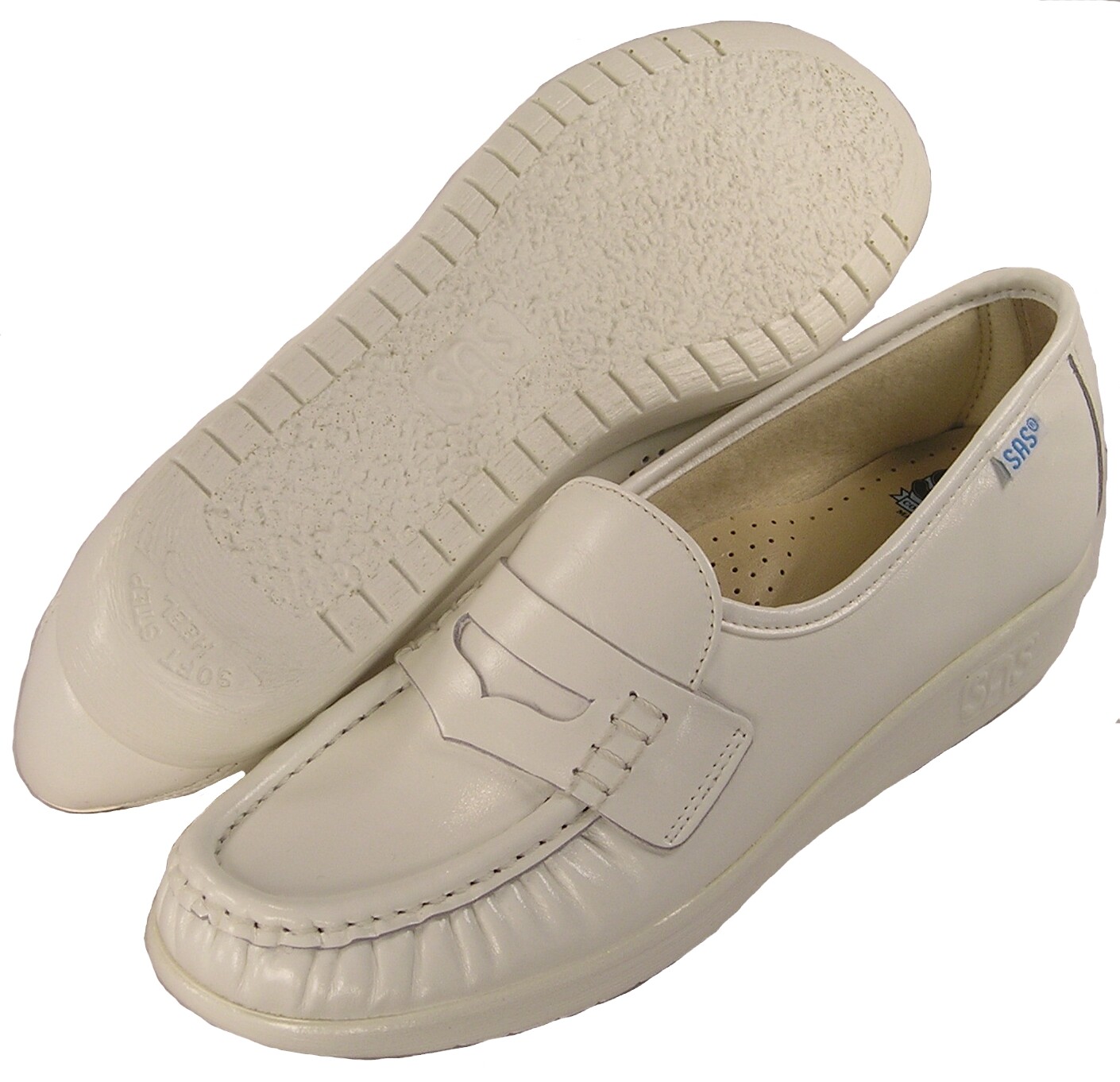 SAS Women’s Classic (Sz 12 Med) Moc Toe Penny Slip-on Walking Duty Shoe (White)