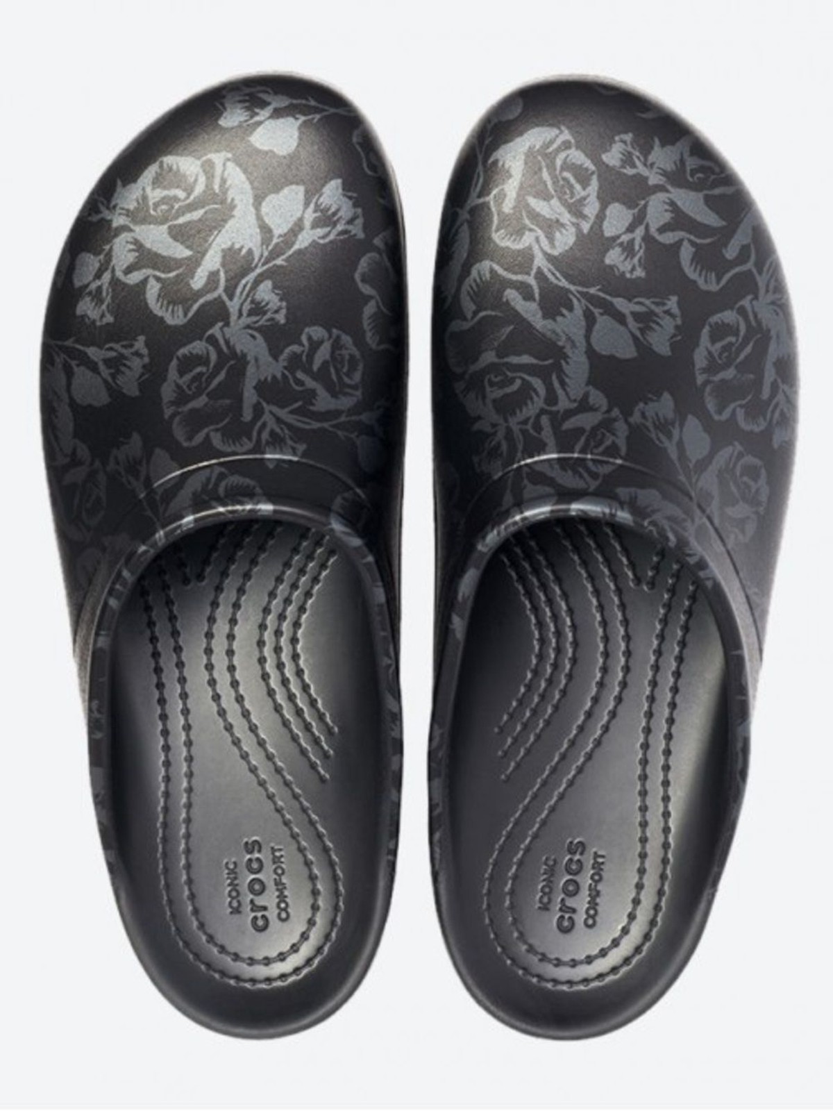 Croc Sloane Graphic Black Grey Clog Mules Floral Print size 8 Women’s Slip On