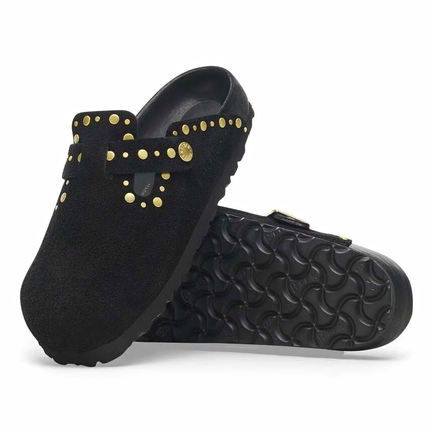 Birkenstock Boston Rivet Black Leather Suede Gold Studded Clogs Women US 8 EU 39
