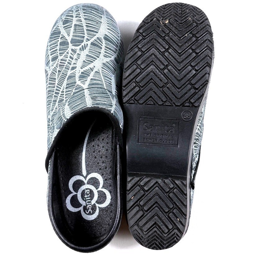 Sanita Professional Clogs Womens 38 Grey White Web Pattern Leather Nursing Shoes