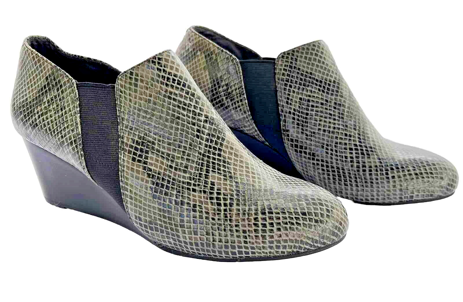 Vionic Wedge SlipOn Booties Sz 9 41 Gray Leather Snake Print Stanton Heels Shoes