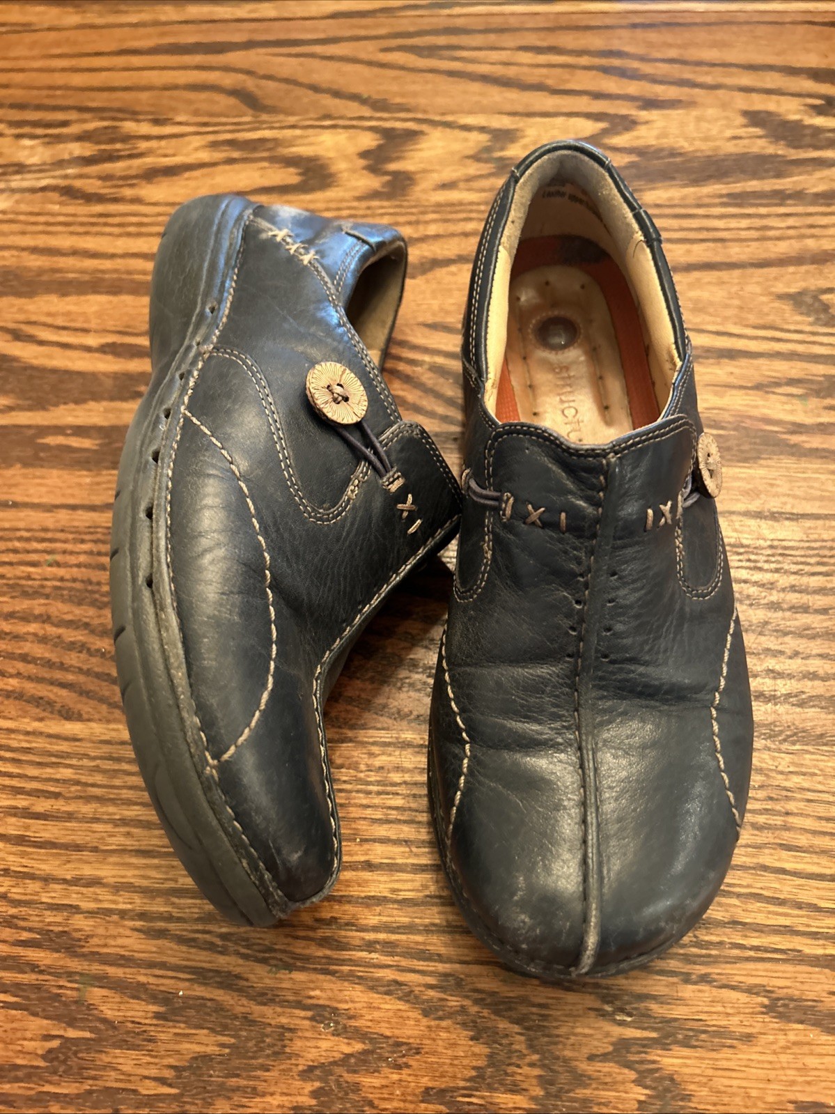 CLARKS Unstructured Women’s 8M Navy Un.Buckle Leather Slip On Loafer Shoe