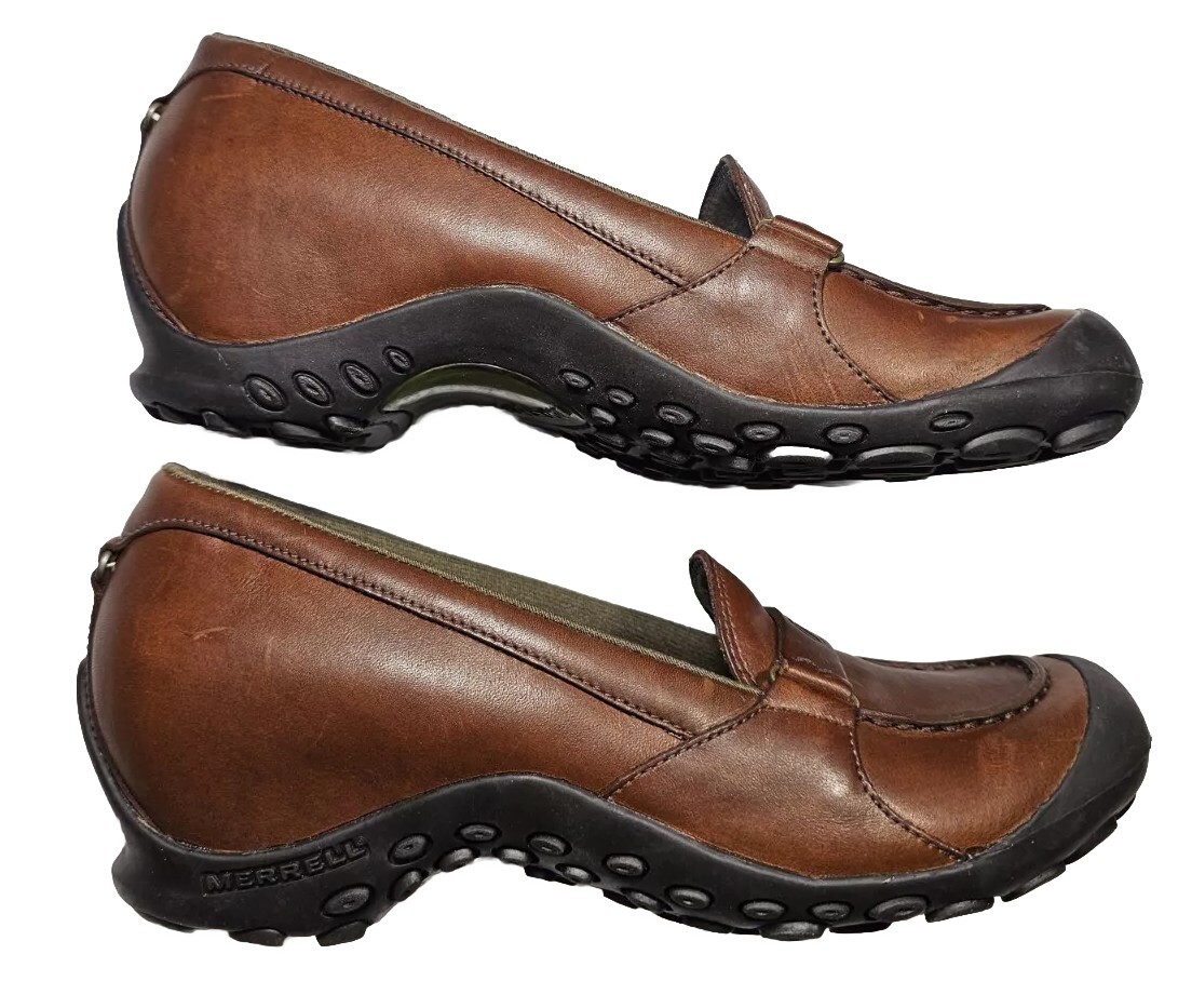 MERRELL PERFORM. ‘PLAZA GLIDE SADDLE’-Brown Leather, Womens Loafer Shoes-(8)