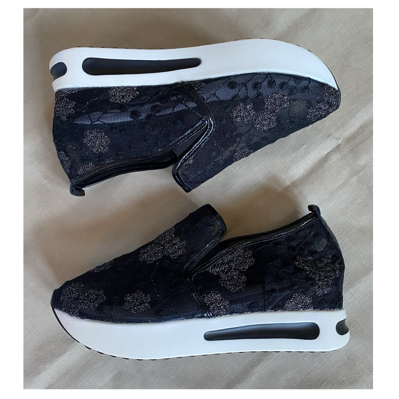 Black Floral Lace Platform Sneakers Slip On Air Cushion Mesh Shoes Size 43 / 11