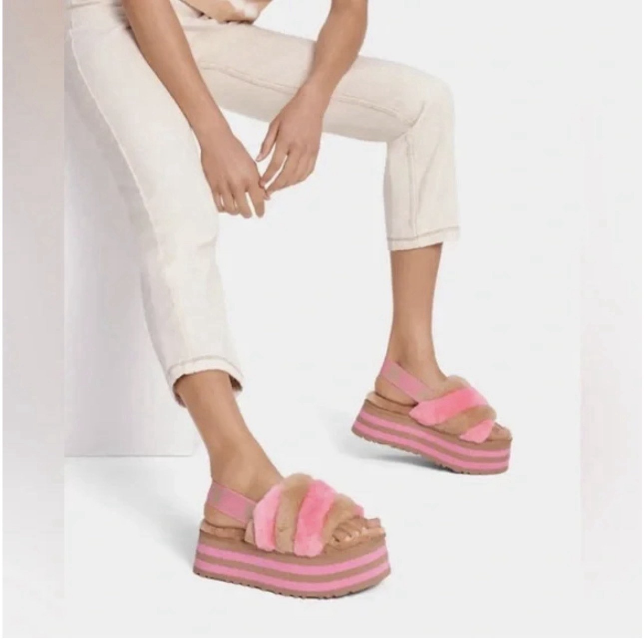 UGG Disco Stripe Platform Slingback Slides Pink Tan Shearling Sandals Women’s 10