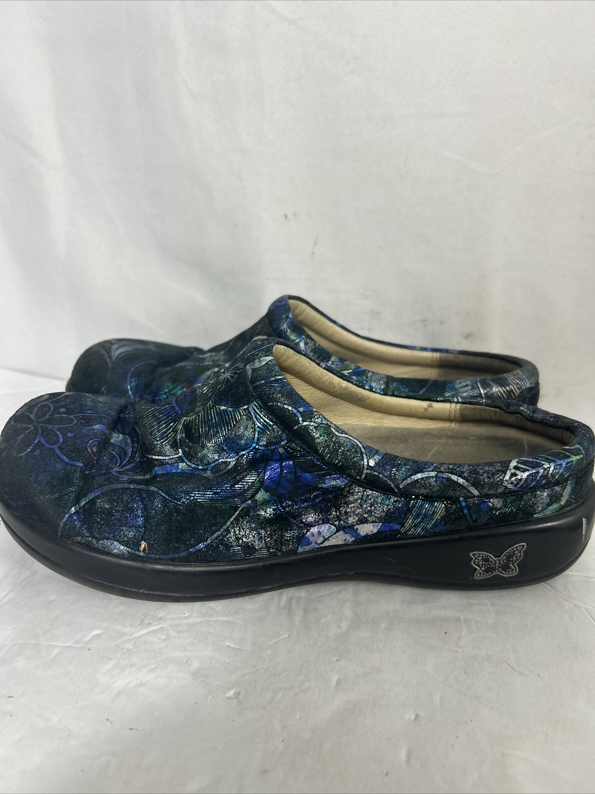 Alegria Mules Clogs Shoes Kay-264 Womens 38 Blue Green Leather Flowers Slip Ons