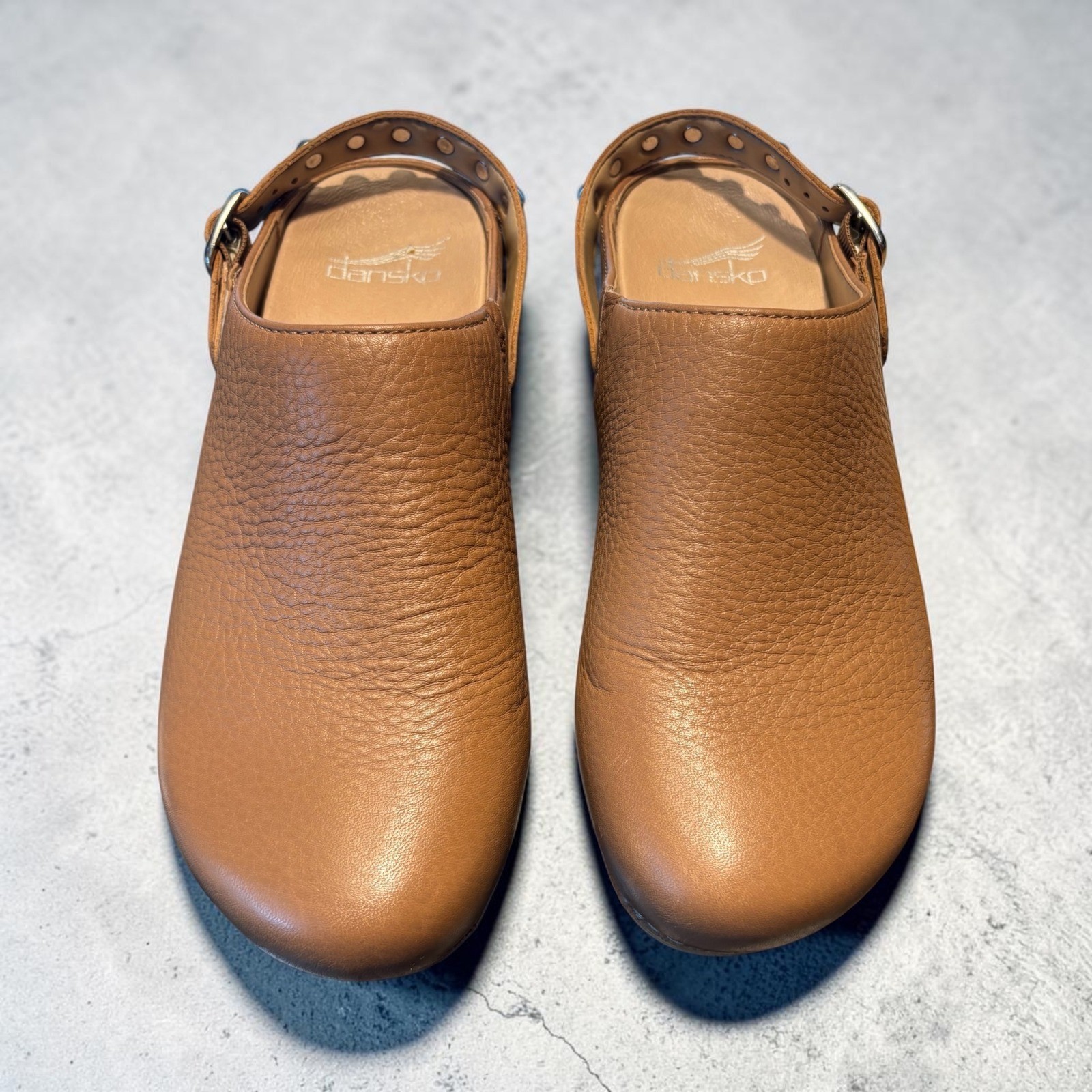 Dansko Clog Mules Women 37 Tan Leather Studded Buckle Shoes Pebbled Convertible