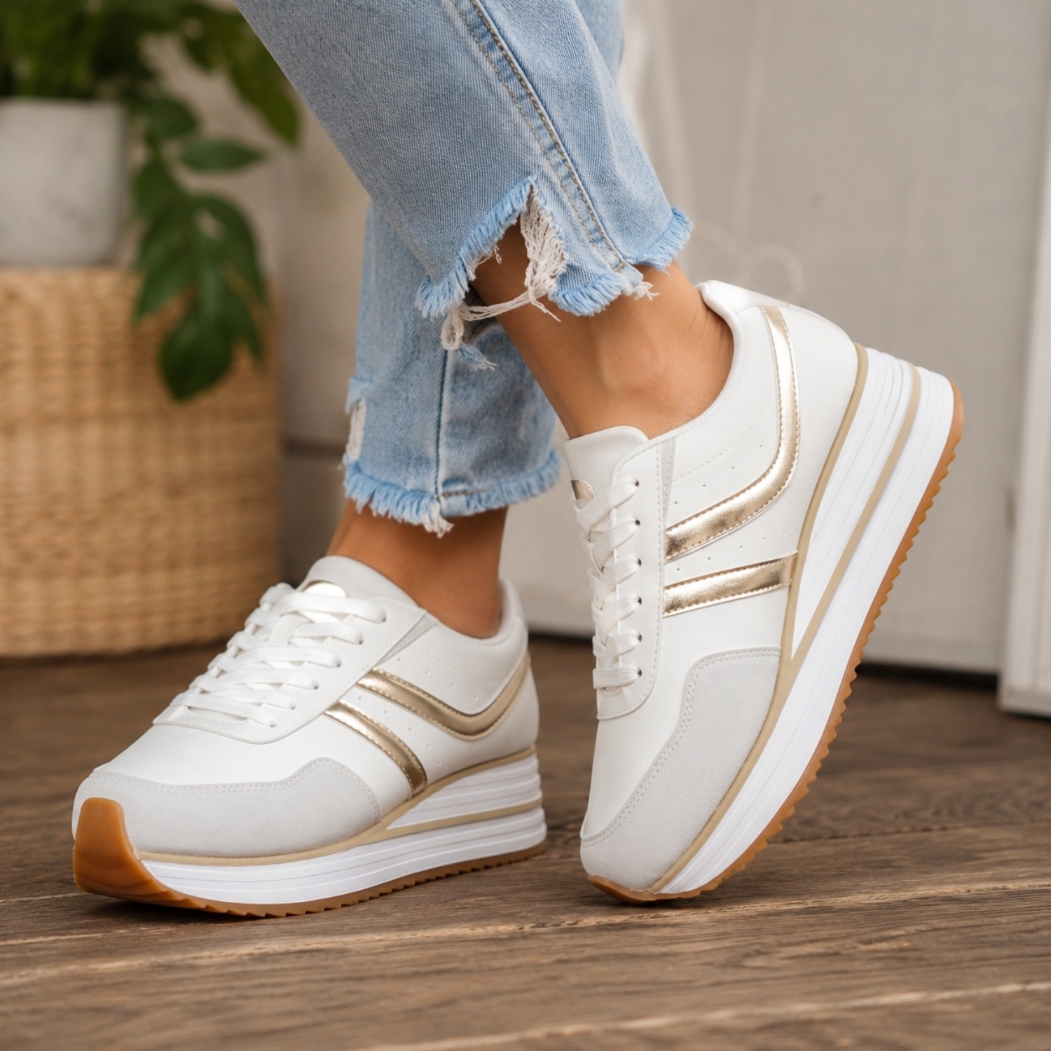 Outwoods Women’s Brenna-2 White Platform Fashion Sneaker, Gold Combo