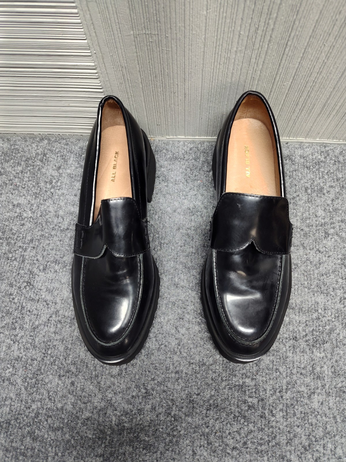 ALL BLACK Women Loafer 37 US 6 Black Patent Leather Slip On Chunky Platform Shoe