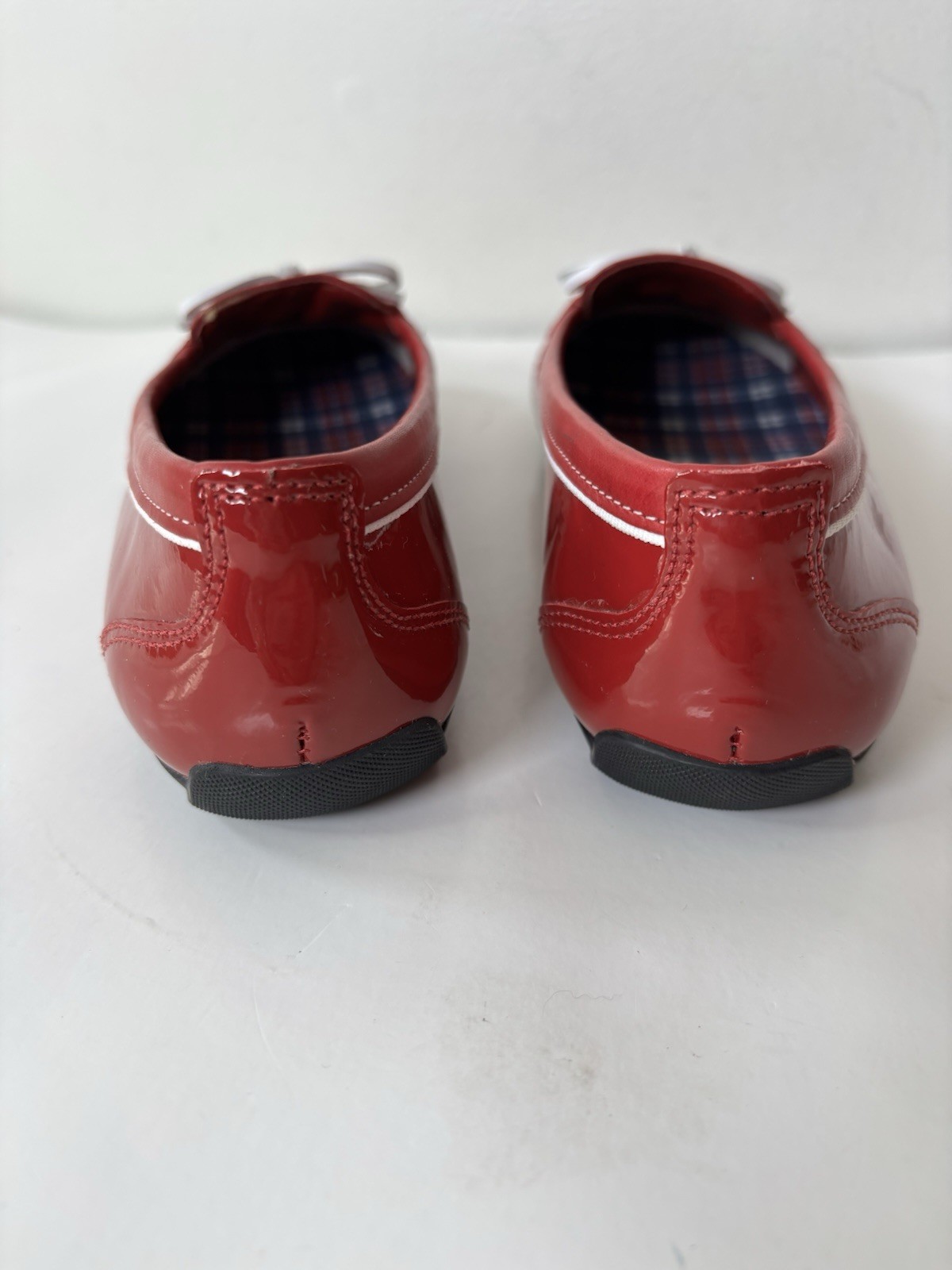 ll bean shoes Womans 6.5 M Red/White Stripe vinyl Shinny Slip On’s Plaid Linning