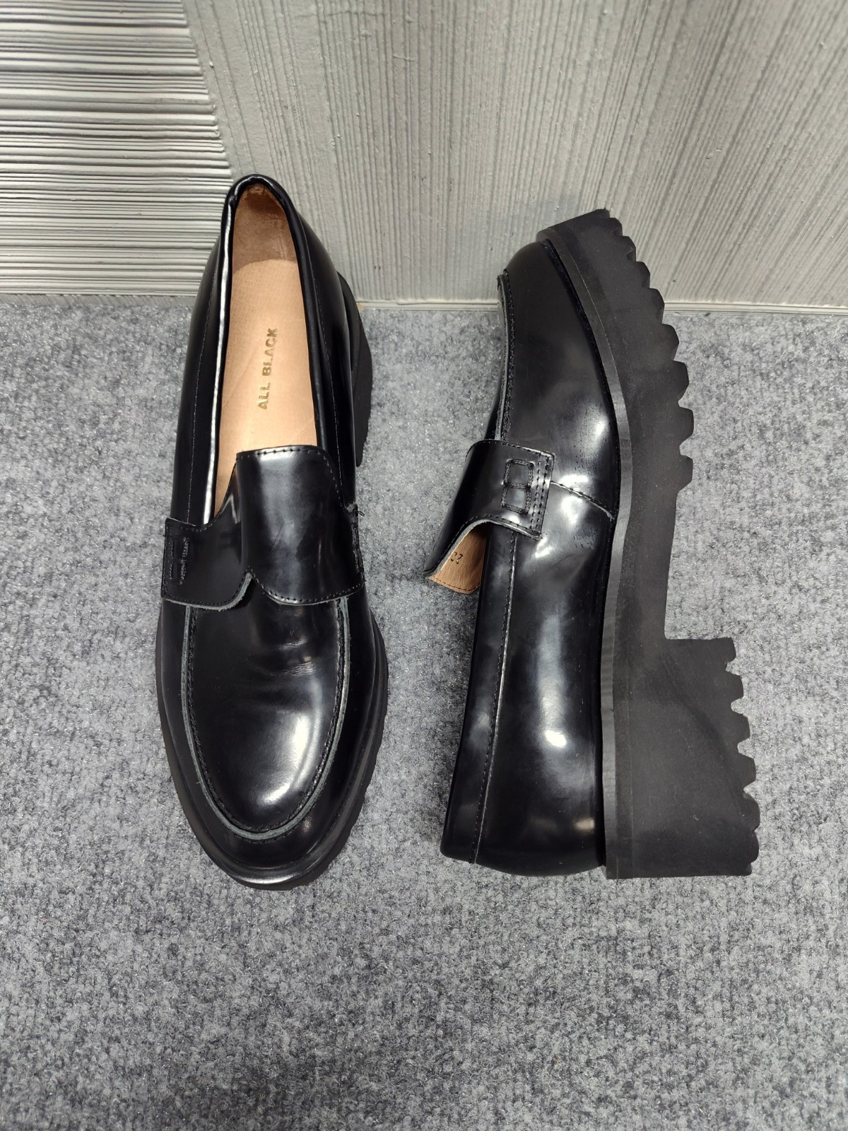 ALL BLACK Women Loafer 37 US 6 Black Patent Leather Slip On Chunky Platform Shoe