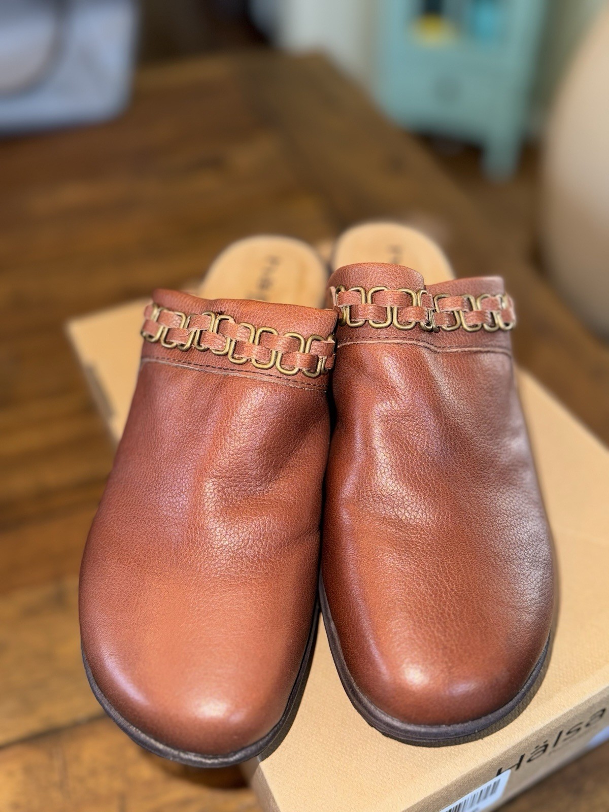 NIB 100% Leather Halsa Cognac Brown Chloe Clog Women’s Sz 9 W