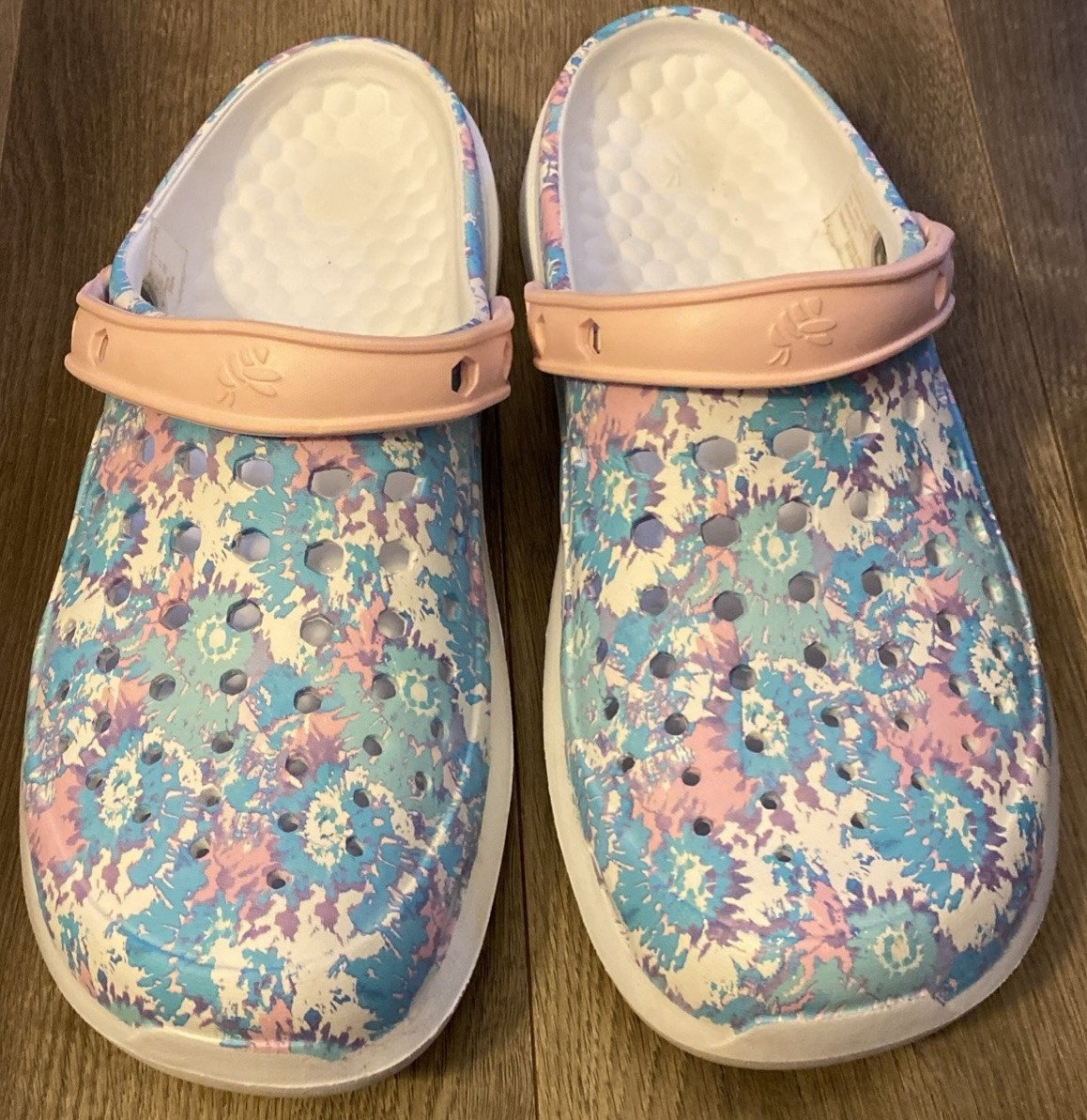 Joybees Crocs Pastels Pink Blue White Splatter Pattern W Holes W10 M8 EUC