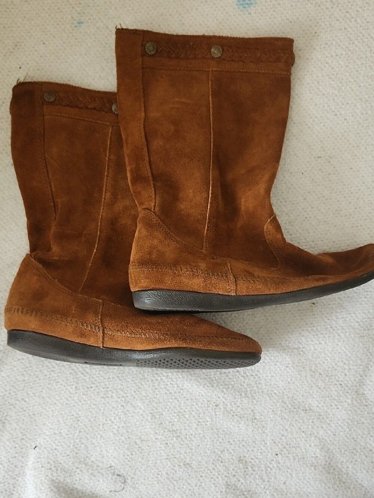 Vintage Minnetonka Suede Mid-Calf Moccasin Boots – Braided Studded Collar Sz 10