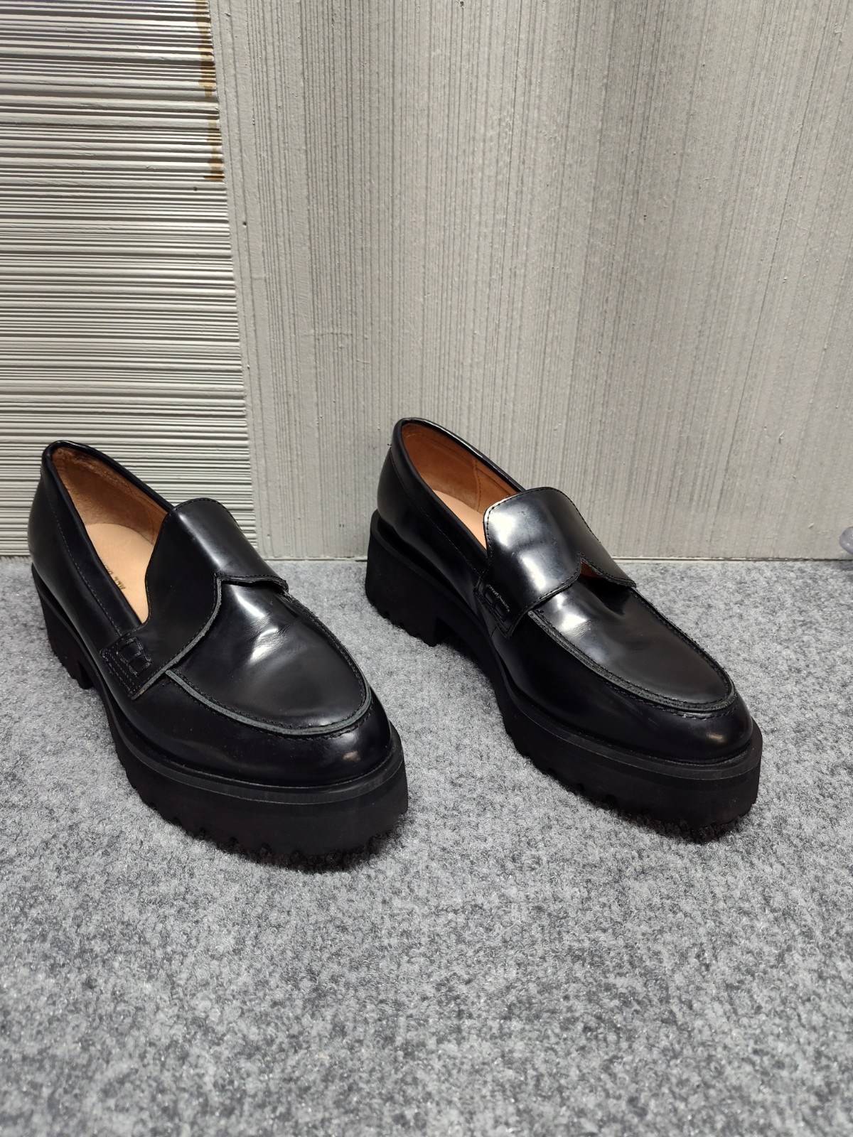 ALL BLACK Women Loafer 37 US 6 Black Patent Leather Slip On Chunky Platform Shoe