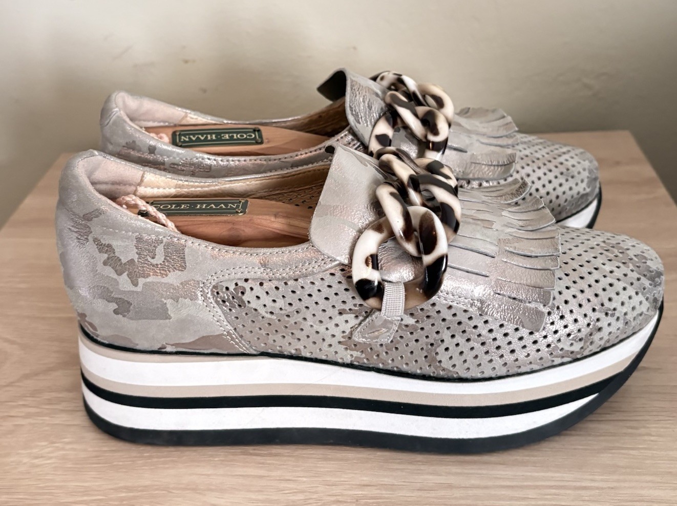 Softwaves Cadie Platform Metallic Kaki Slip-on Wedge Loafer Women’s Size 35 1/2
