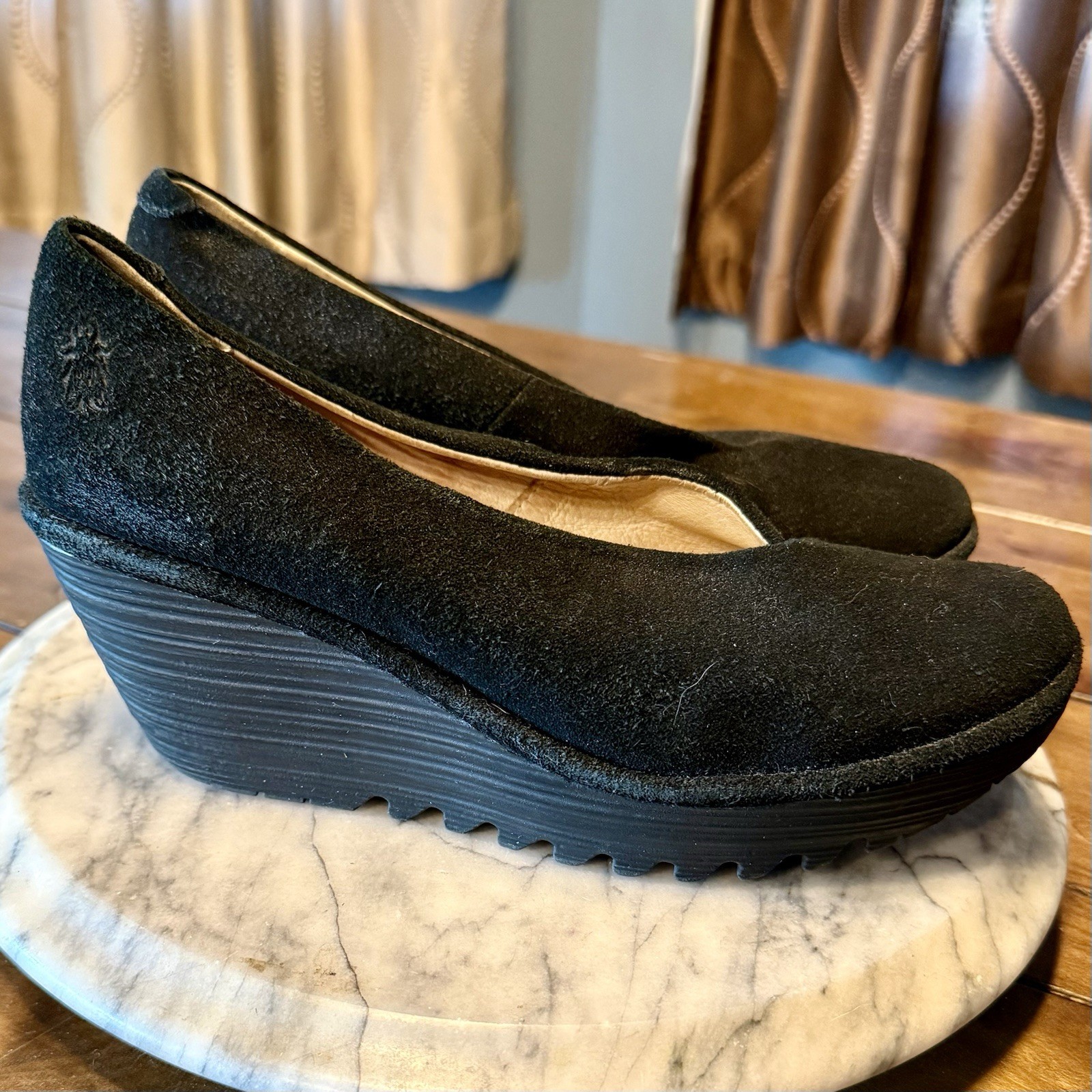 Fly London Women Sz 8 EU 38 Yaz Suede Wedge Slip On Black Platform Shoes