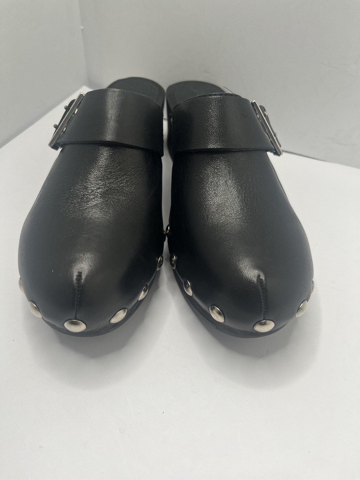 Clog Shoes Womens Size 7 Black Leather Studded Platform Buckle Slip On