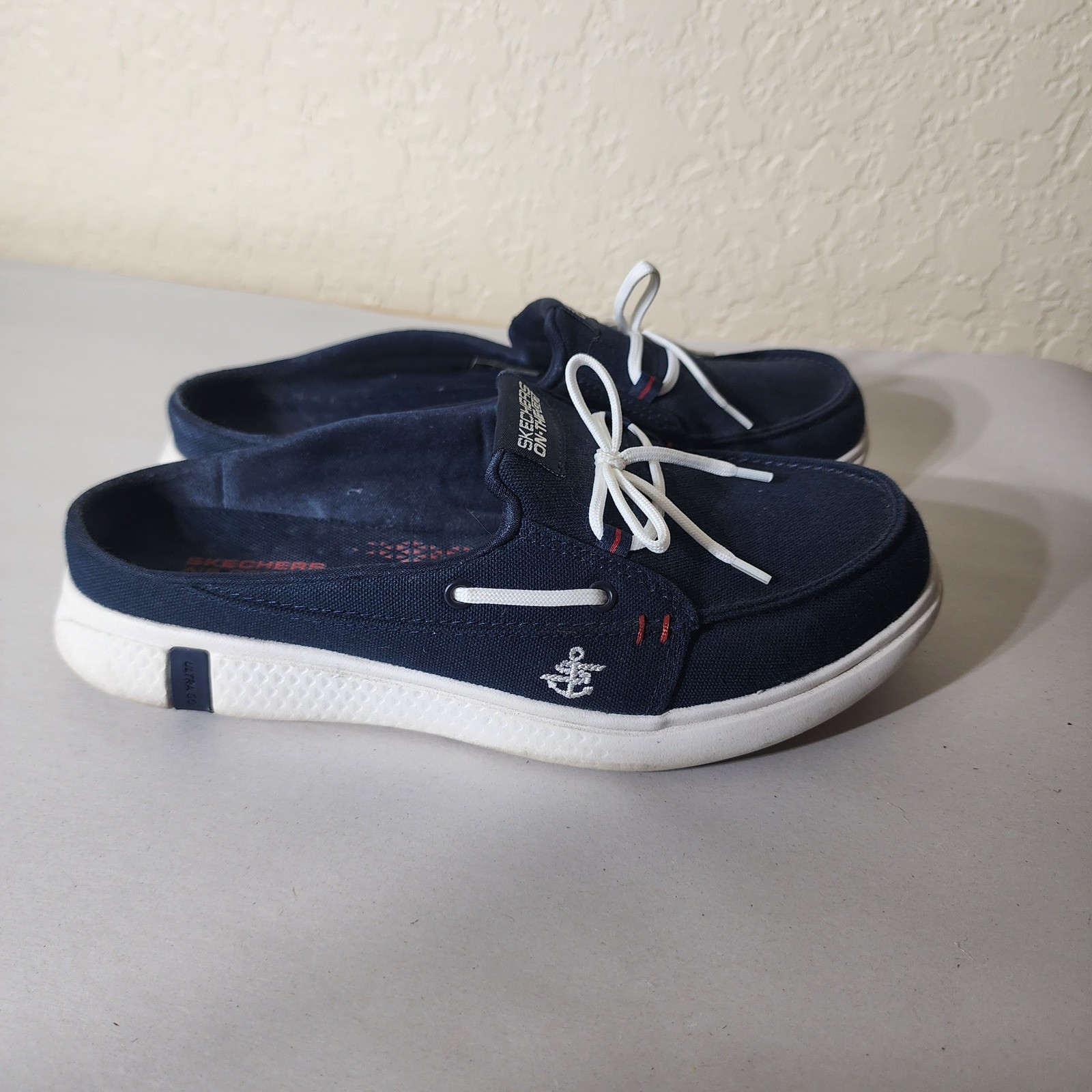 Skechers On-The-Go Navy Blue Boat Shoe Mules Women 6 16121 Nautical Anchor