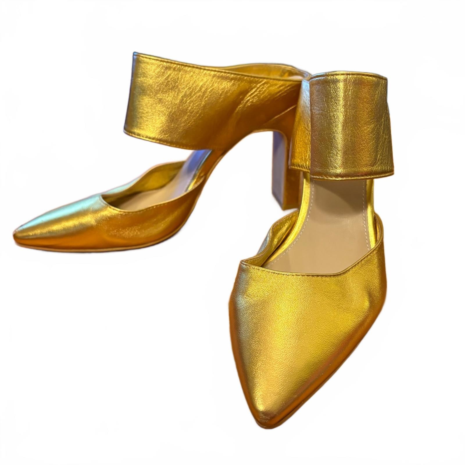 Wittner Heston Gold Leather Pointed Toe Block Heel Mules Size 39 Glam Formal