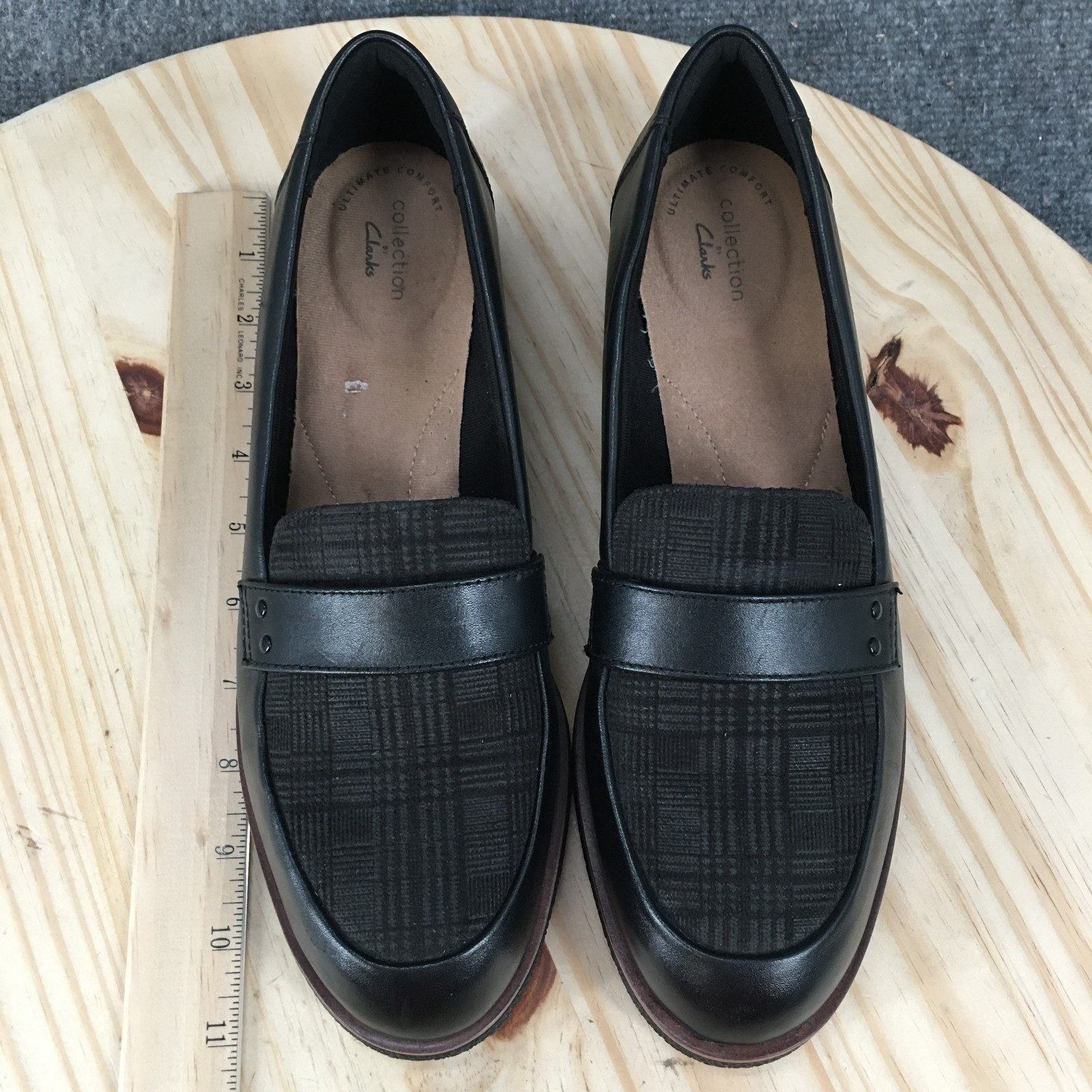 Clarks Griffin Sail Shoes Womens 10 M Casual Slip On Plaid Loafers Black Leather