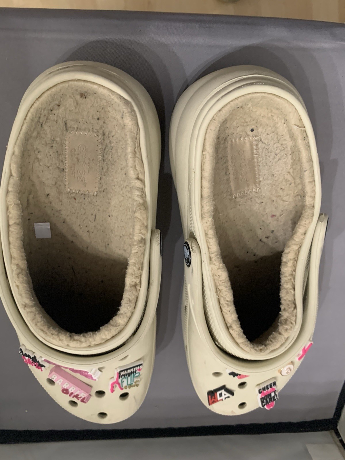 Crocs Classic Faux Fur Lined Clog White W9 / M 7, with Cheer and Barbie Pins