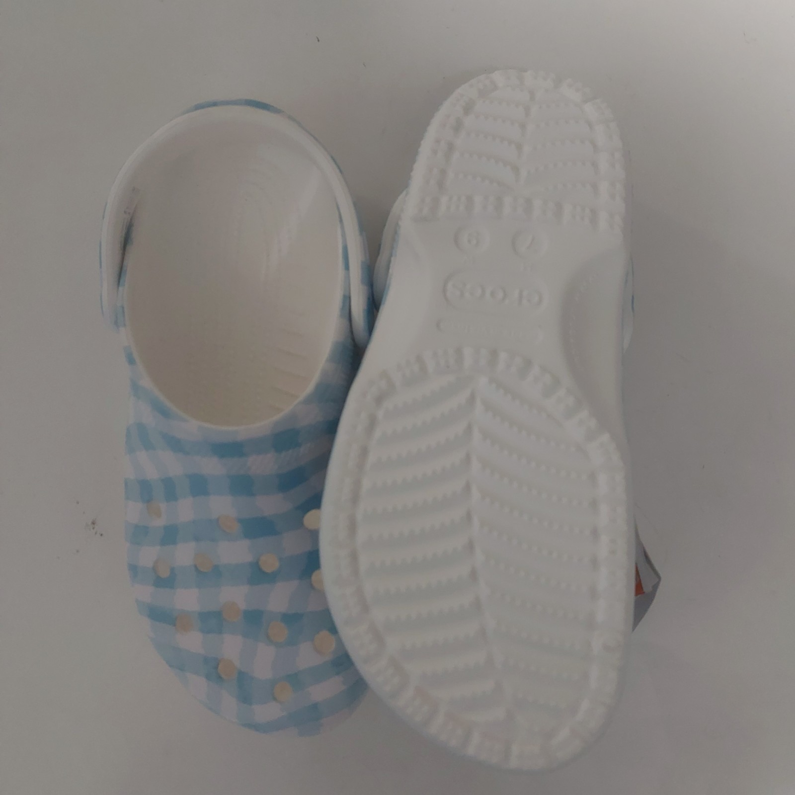 Crocs Classic Gingham Clogs Mens Size 7 Womens 9 Blue White Slip On Sandals Shoe