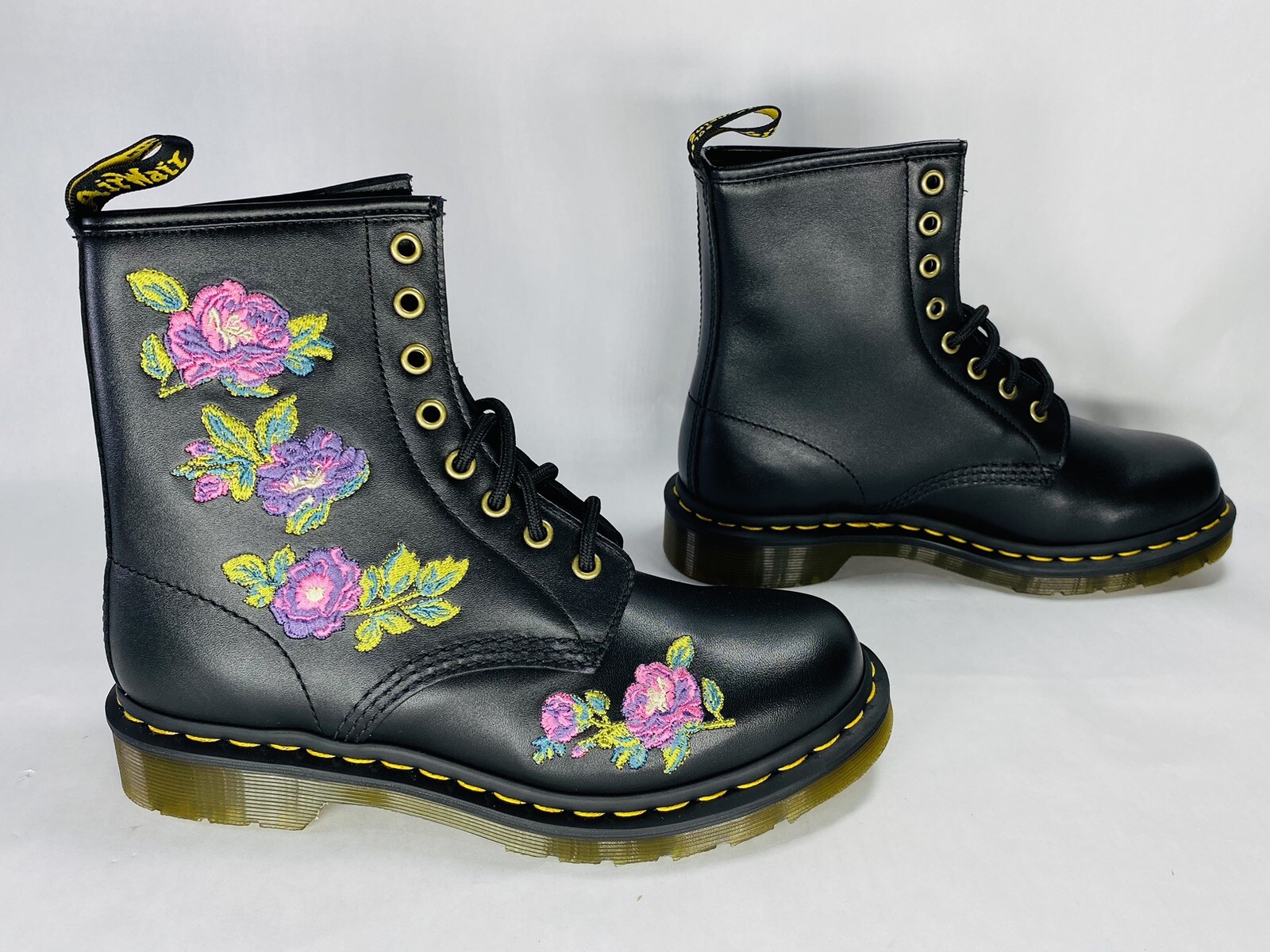 New! Women Size 7 – Dr. Martens 1460 Vonda II Floral Boots Black Pink Purple