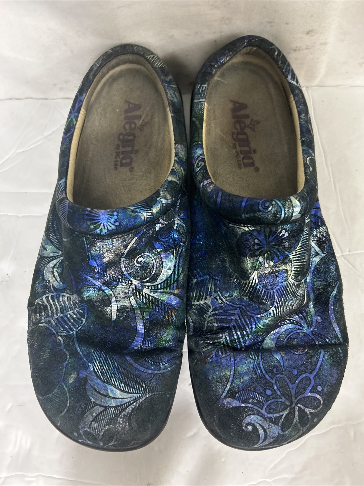 Alegria Mules Clogs Shoes Kay-264 Womens 38 Blue Green Leather Flowers Slip Ons
