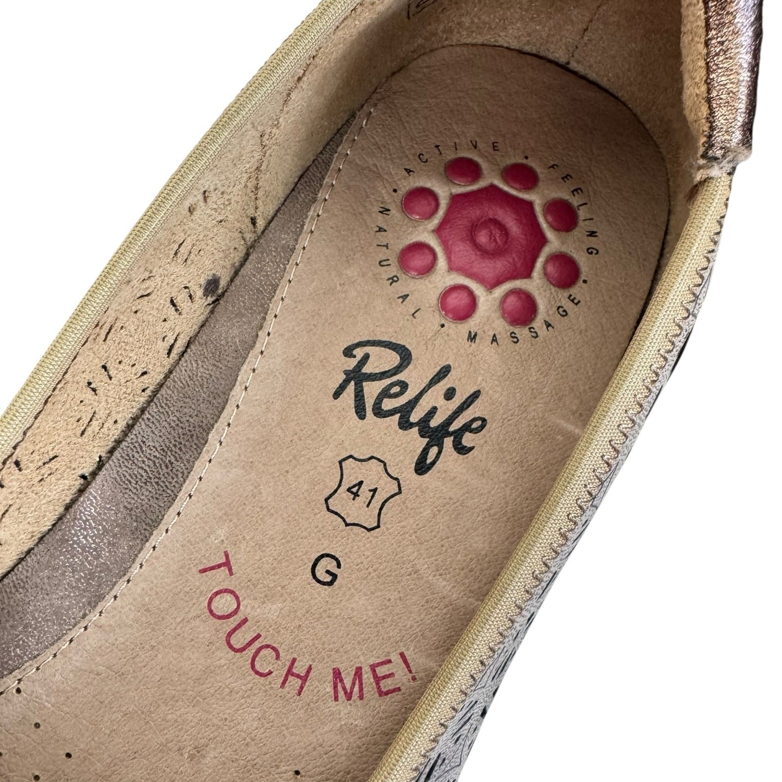 Relife NWT Rose Gold Metallic Eyelet Slip On Massage Leather Flats Loafers 7 7.5