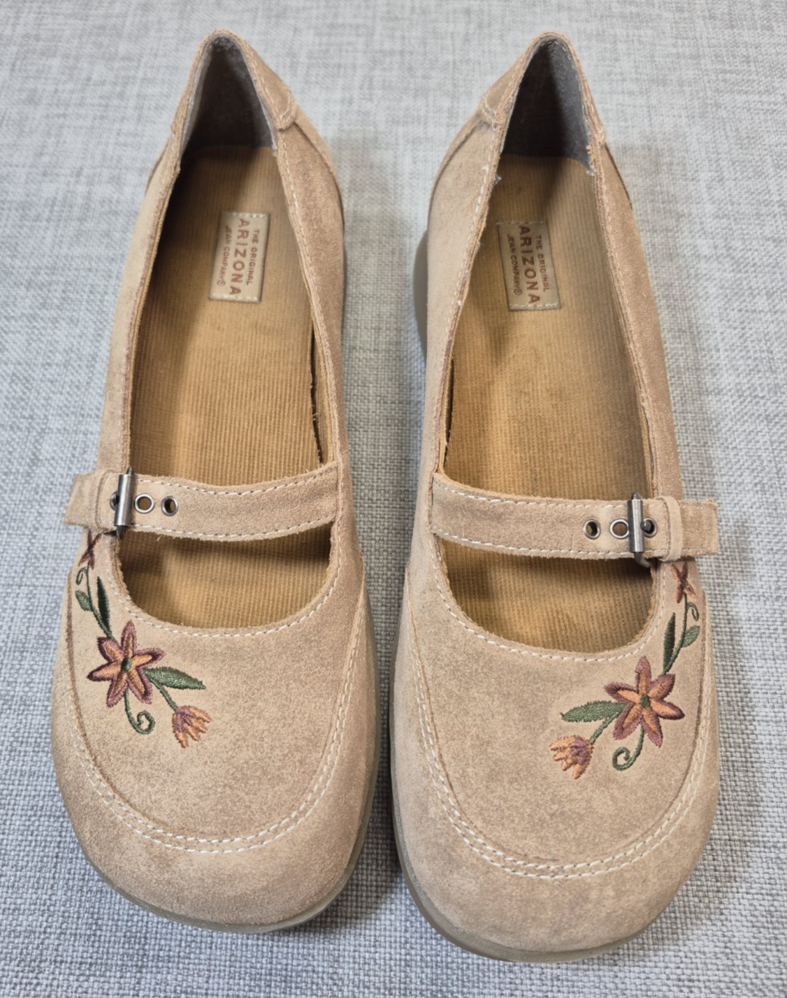 Vtg Floral Embroidered Brown Leather Suede Mary Janes-Arizona Jean Co, Sz 10M