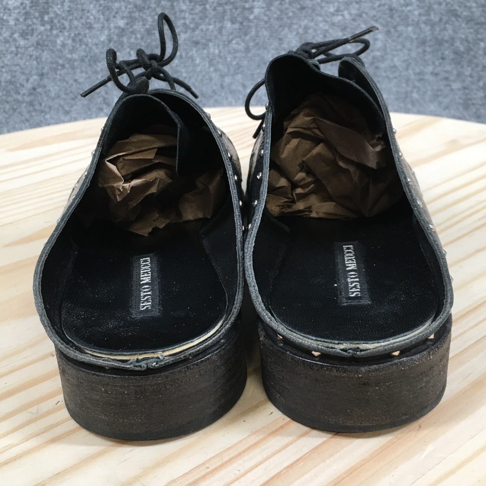 Sesto Meucci Mules Womens 40 Black Almond Toe Laced Up Block Casual Leather