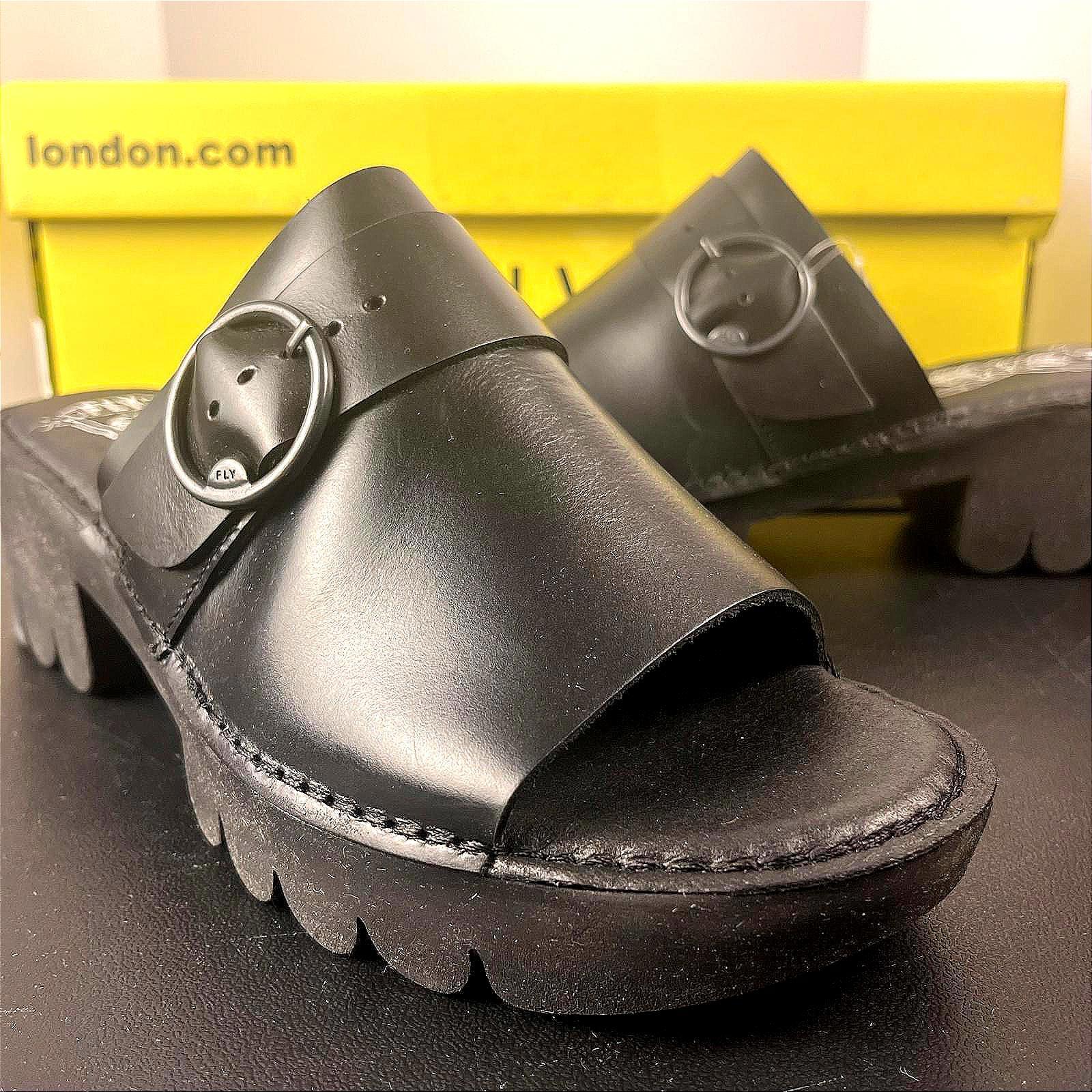 FLY LONDON EPLE519FLY Lightweight Black Leather Chunky Heel Platform Sandal