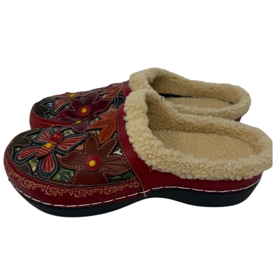 Embroidered Leather Shearling Lined Clogs EU 38 Boho Mule