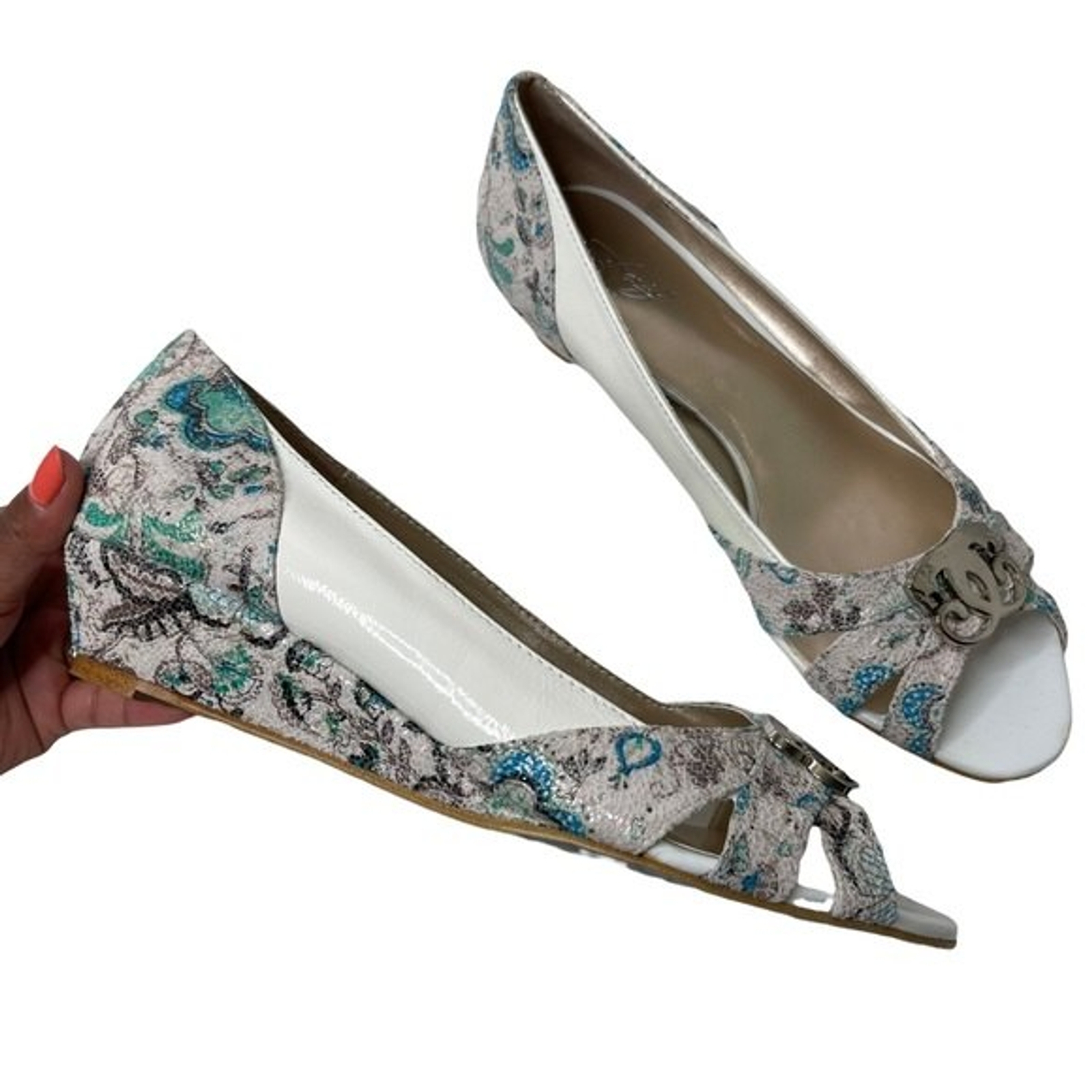 Sharif 1827 Floral Leather Wedge Sandals Womens 8.5 Multicolor Peep Toe Boho NEW