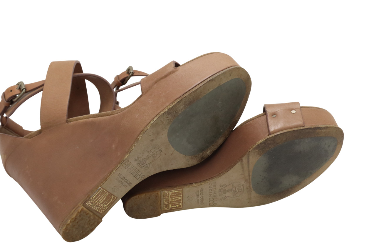Brunello Cucinelli Shoes Womens Eu 39 Leather Wedge Sandals Beige