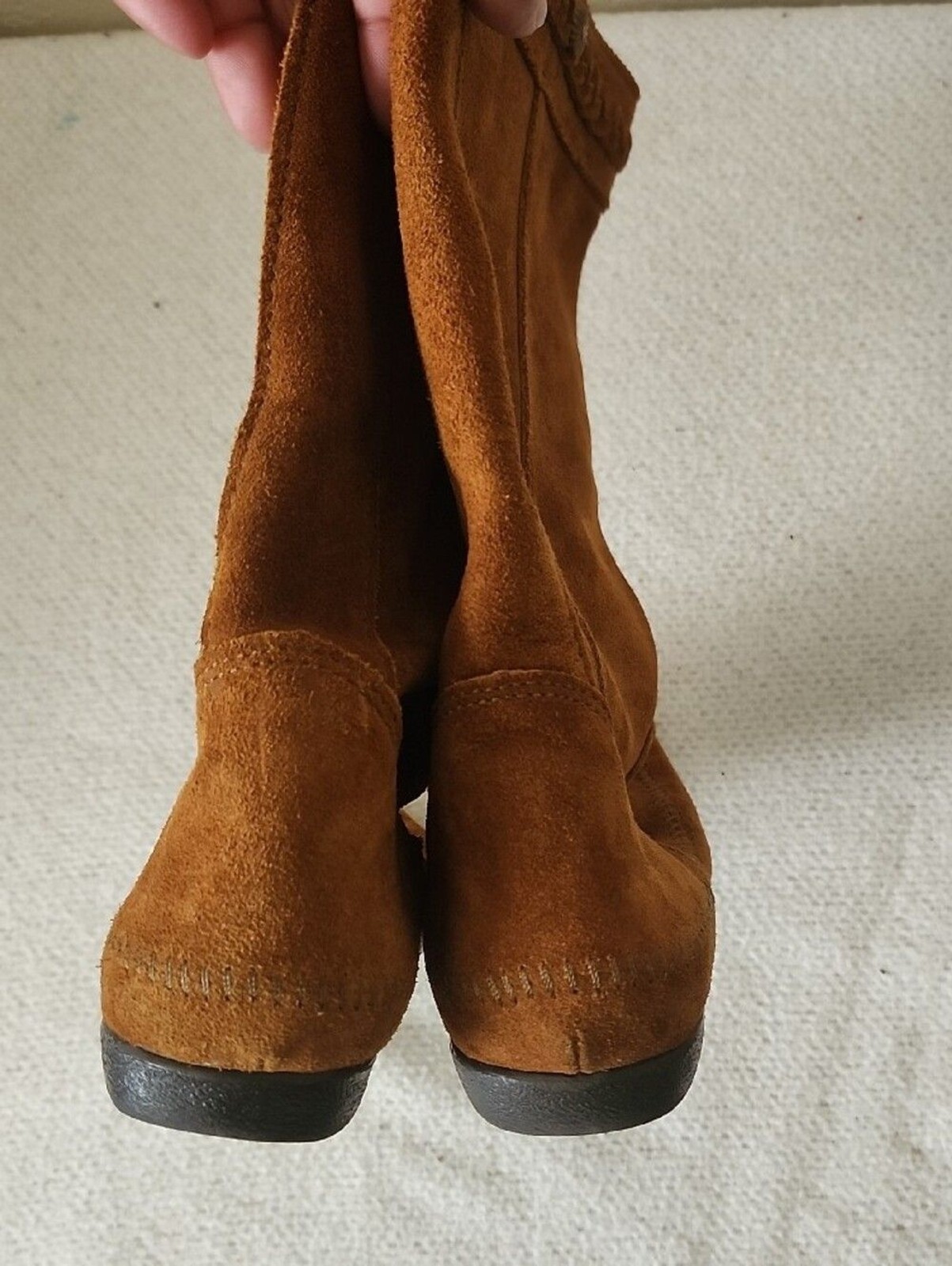 Vintage Minnetonka Suede Mid-Calf Moccasin Boots – Braided Studded Collar Sz 10
