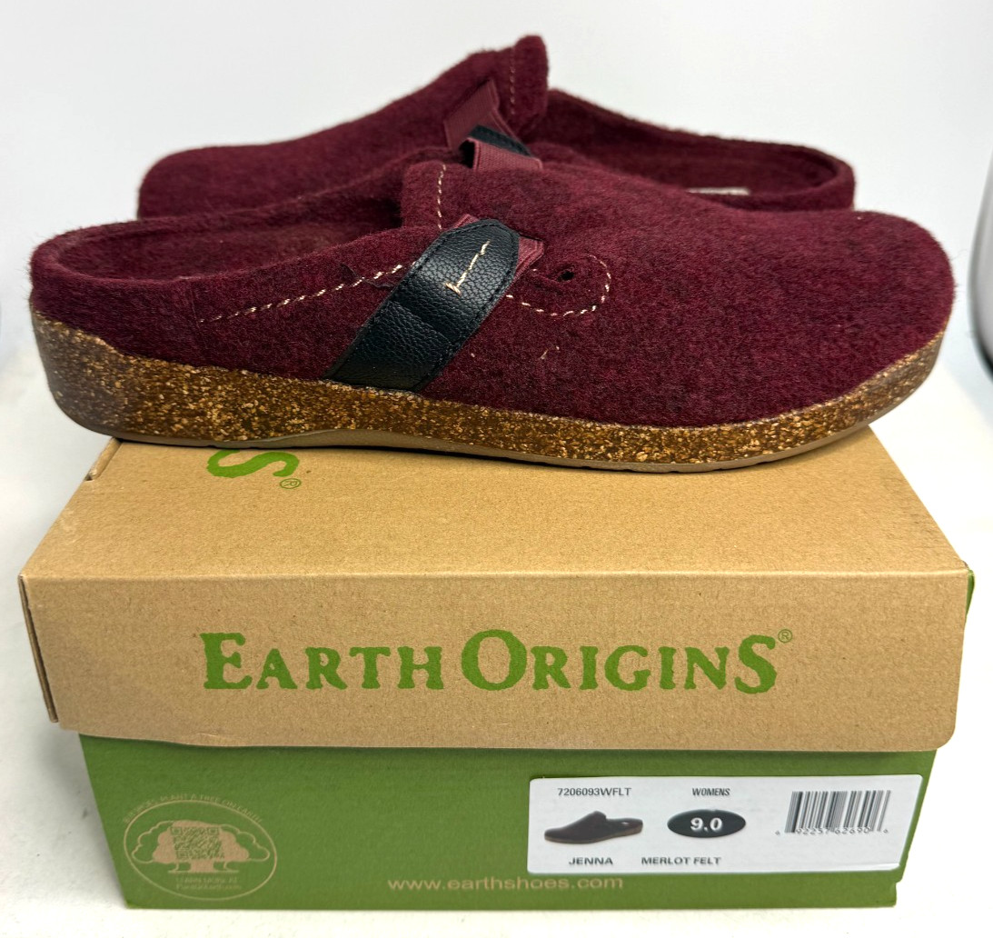 Earth Origins Felt Slip-On Clogs Strap Detail Jenna Merlot – Size 9 M US