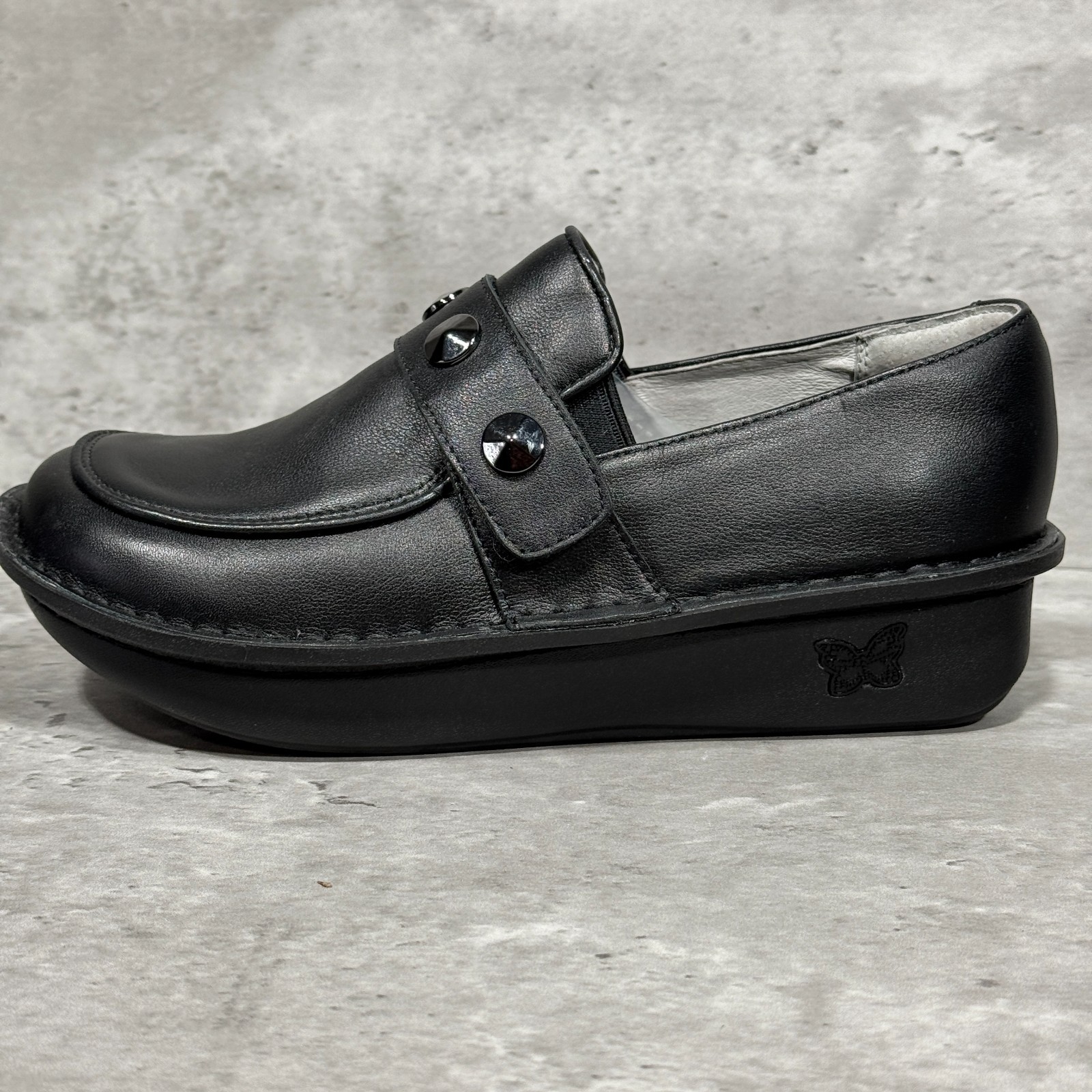 Alegria Ericka Black Leather Studded Strap Hook & Loop Wedge Shoes Women’s 8-8.5