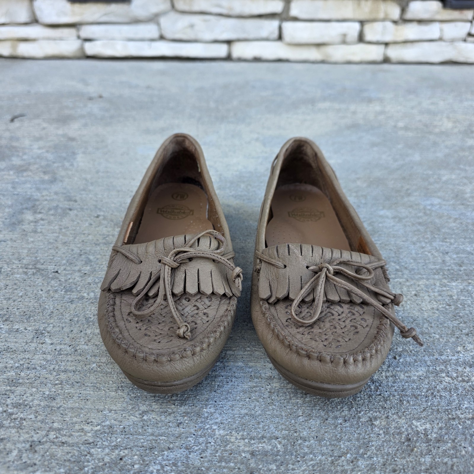 Walkables Walkright Women’s Leather Moccasins Brown Woven Fringe Slip-On Comfort