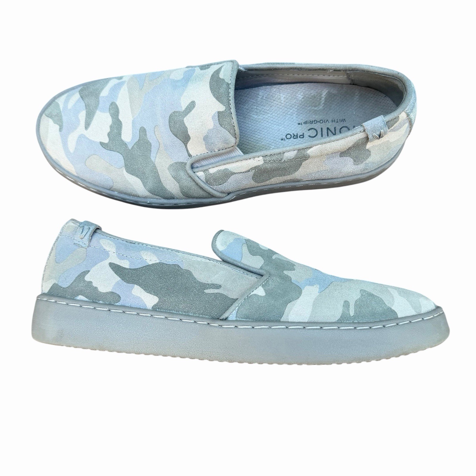 Vionic Pro Women Avery Vio-Grip Blue Gray Camo Slip Resistant Shoes Suede Sz 8