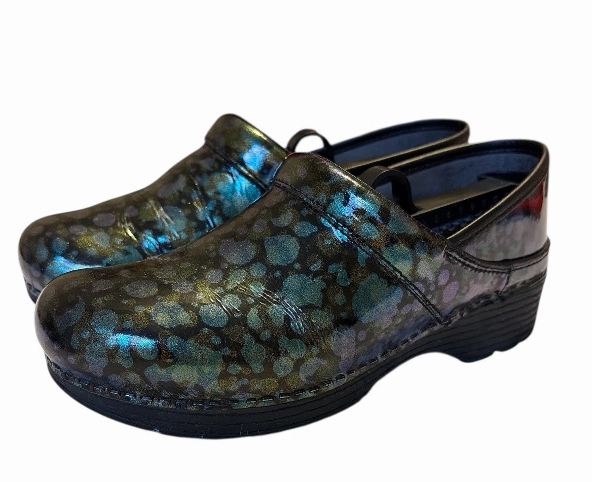 Dansko LT Spotted Patent Leather Comfort Clogs Black Teal Gold EU 38 size 7.5/8