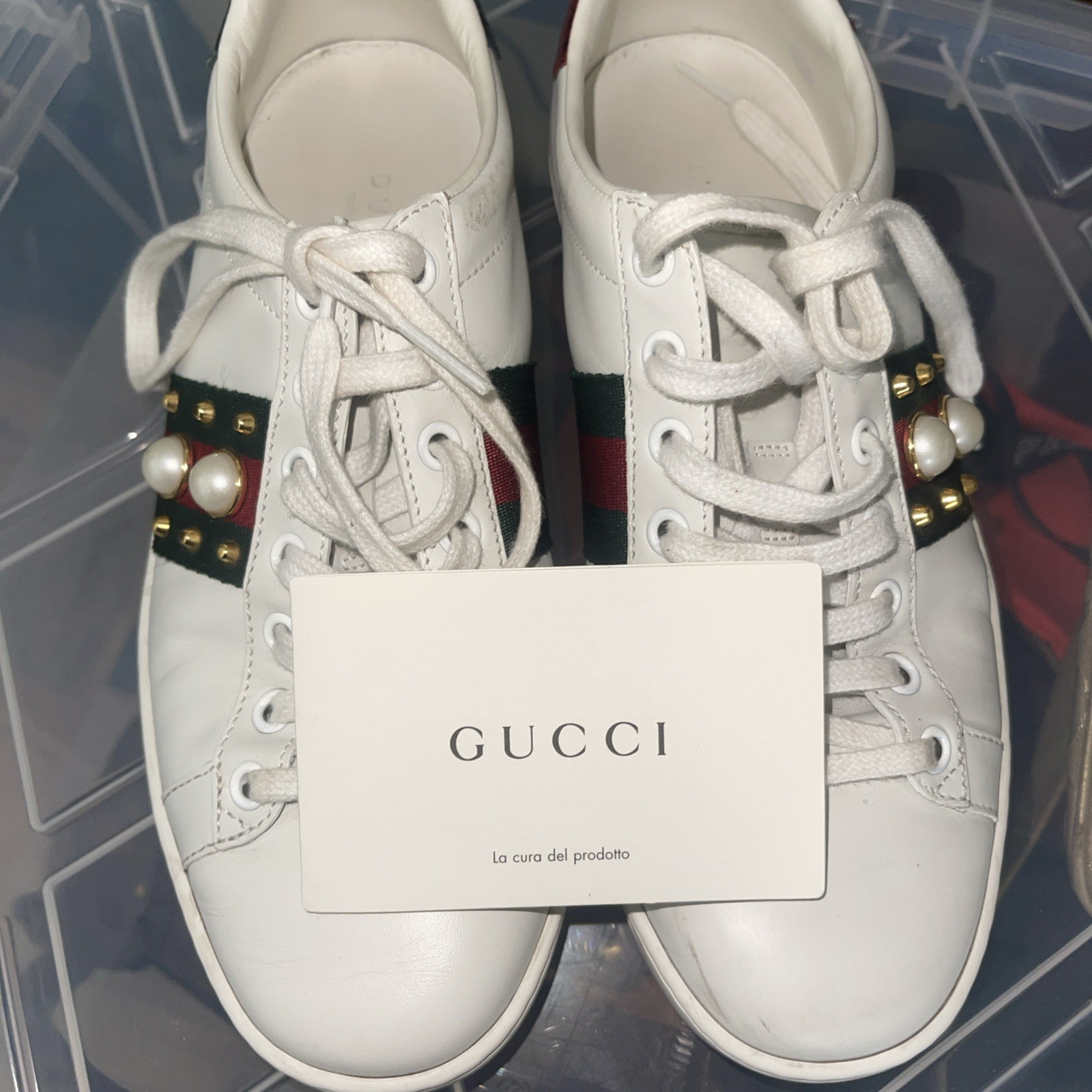 Gucci Ace Embroidered Pearl Stud Sneakers