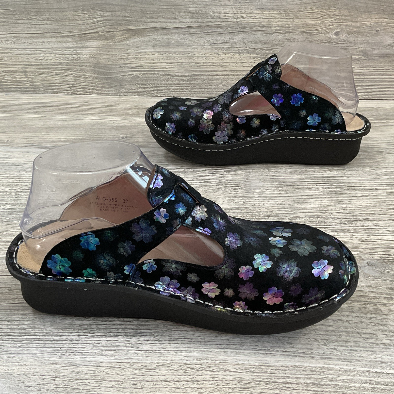 Alegria ALG-555 Mary Jane Clogs Womens US 7-7.5 EU 37 Black Floral Leather NEW