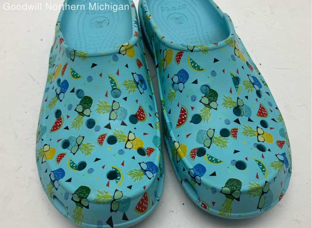 Crocs Springi Slingback Flat Blue Graphic Print Clogs Shoes Women 11