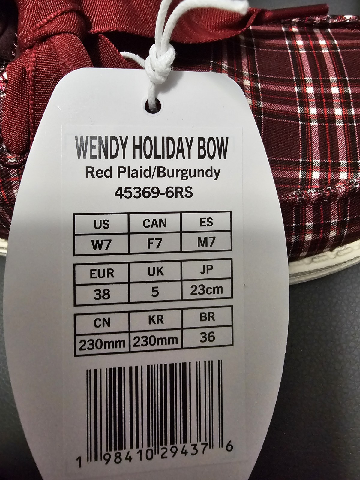 Hey Dude Wendy Holiday Bow, Red Plaid/Burgundy, Size 7, Brand New-no Box