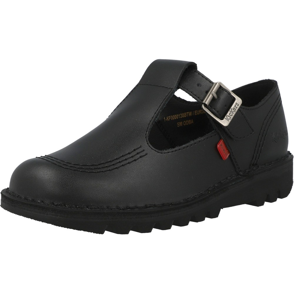 Kickers Kick T-Bar Black Leather Shoes School T-Bar Style with Chunky Sole