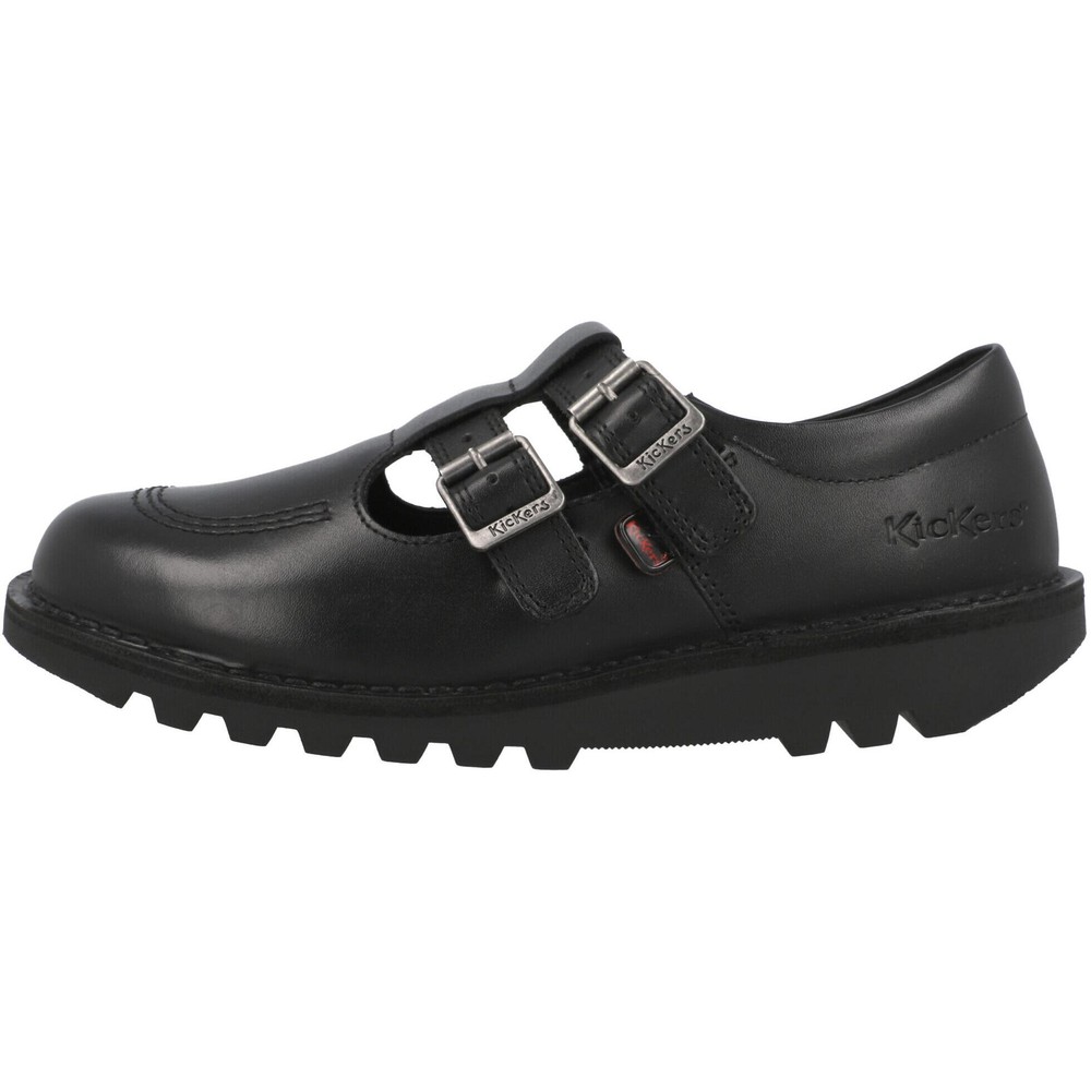 Kickers Kick T Double Black School Shoes Leather T-Bar Buckle Grip Kids