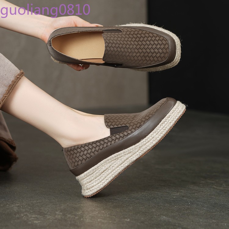 Weave Women’s Leather Casual Shoes Round Toe Platform Wedge Heel Loafer Platform